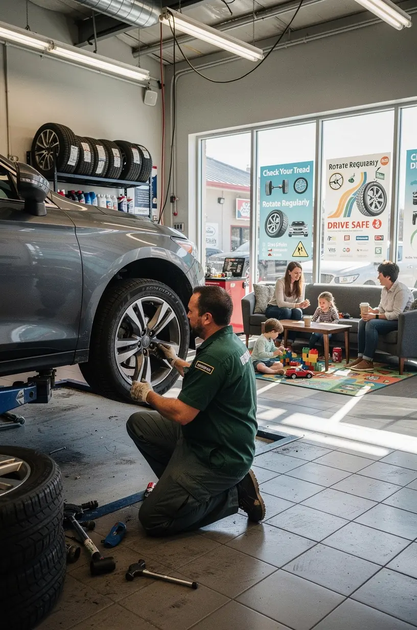 Reifenmontagemaschine in Aktion, die einen neuen Reifen auf die Felge zieht.